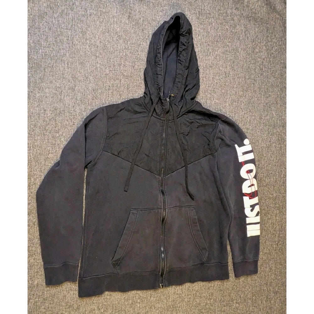 Nike Hoodie Zip Black Sweatshirt Size Medium Spellout Logo Windrunner Fleece
